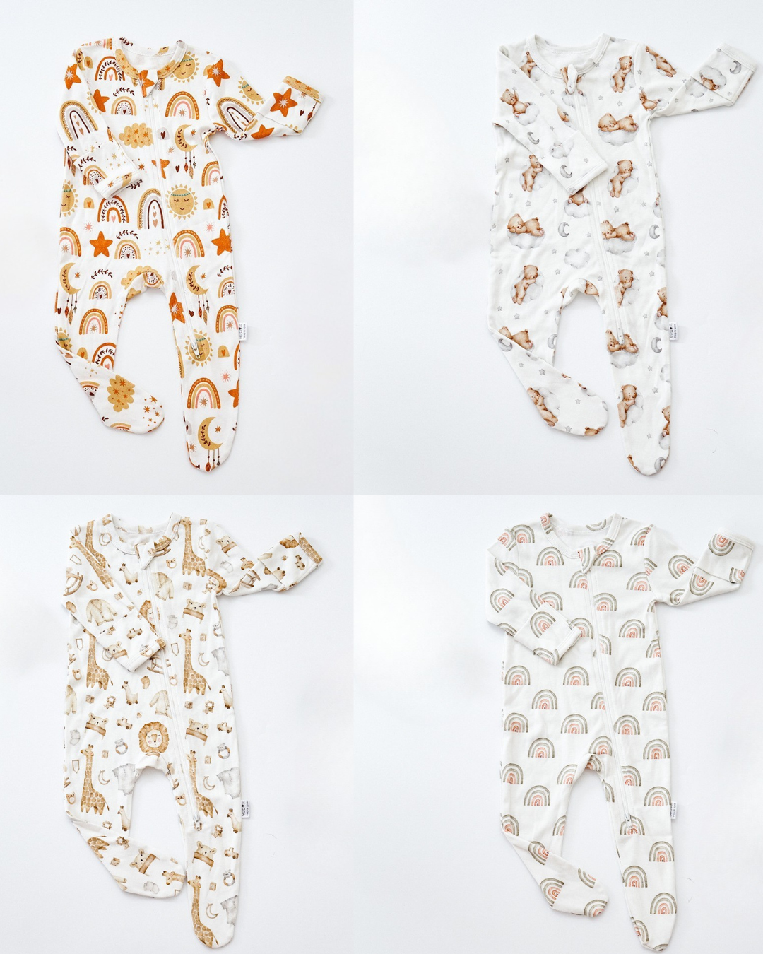 Cotton Teddy Bear Rainbow Giraffe Print Clever Zip Sleepsuit